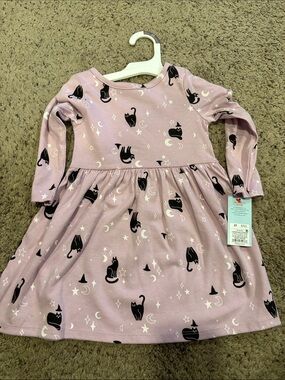 Cat & Jack Lavender/black cats  Long-Sleeve Dress with Black Cat Print